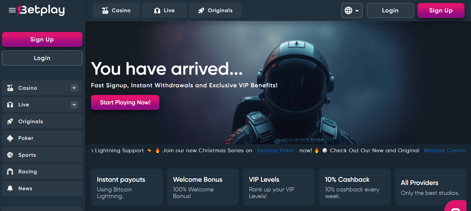 Homepage of Betplay casino highlighting mobile play and ultra-fast USDT withdrawals